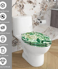 Elongated Resin Toilet Seat for Bathroom with leafy print on a white elongated toilet in a modern bathroom setting.