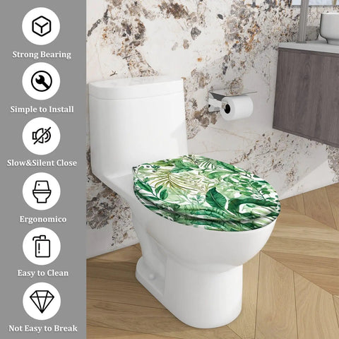Elongated Resin Toilet Seat for Bathroom with leafy print on a white elongated toilet in a modern bathroom setting.