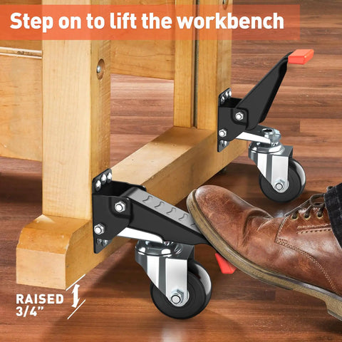 Heavy Duty Retractable Workbench Casters Kit 720 Lb Capacity Side Mounted Wheels For Mobile Benches Tables And Machines, foot pedal lift