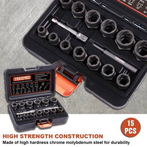 15 Piece Heavy Duty Bolt Extractor Set For Impact Three Eighth Inch Drive Remover Socket Tool Kit For Stripped Damaged Bolts Nuts Screws Removes Frozen Rusted Rounded Off Studs Chromium Molybdenum Steel Construction By YEKEPRO in an open case