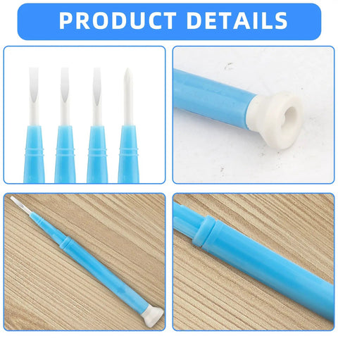 4 Piece Plastic And Ceramic Non Conductive Slotted Screwdriver Set For Precision Electronics Repair Circuit Adjustment And Watchmaking With Top Shelf Insulation And Hella Robust Design showing blue handles and variety of slotted tips.