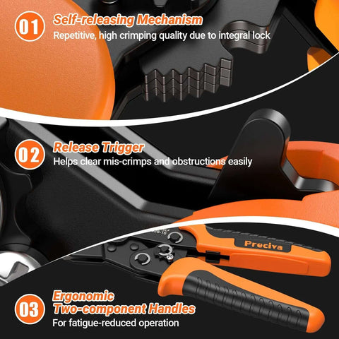 Close-up of Pro Grade Heavy Duty Five In One Wire Crimping Tool showing self-releasing mechanism, release trigger, and ergonomic handles.