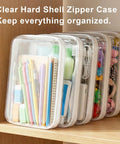Must Have Clear Hard Shell Zipper Case Three Pack Large 9.84 Inches By 7.87 Inches By 2 Inches Waterproof Storage Pouches For Toys Travel Makeup And Small Items Transparent Organizer Bags filled with stationery items on a shelf.