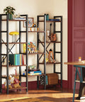 Super Solid Four Tier Bookshelf With Eleven Open Shelves And Hella Spacious Rustic Brown Frame showcasing books and decor in a living room.