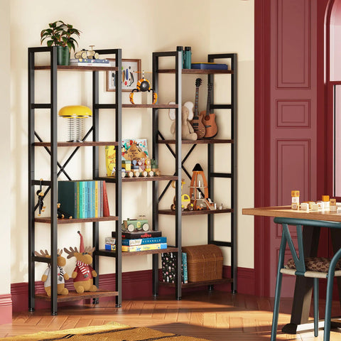 Super Solid Four Tier Bookshelf With Eleven Open Shelves And Hella Spacious Rustic Brown Frame showcasing books and decor in a living room.