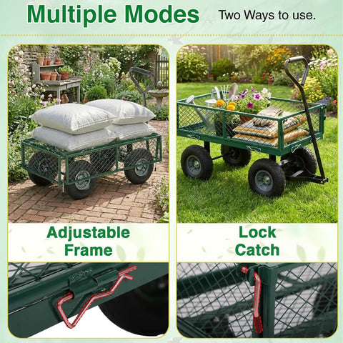 Heavy Duty 500 Lb Capacity Mesh Steel Garden Cart Folding Utility Wagon With Removable Sides loaded with garden items