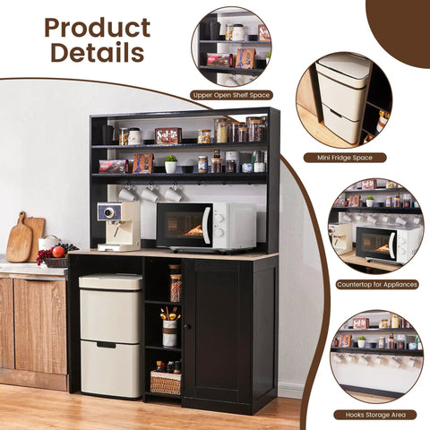Mini Fridge Cabinet With Storage And Power Outlet Coffee Bar Cabinet With Space For A Mini Fridge And Microwave Shelf Liquor And Wine Bar Storage Go To Beverage Station For Kitchen Dorm Or Living Room in black with open shelves and appliances.