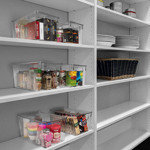 Hella Organized Plastic Storage Bins With Lids storing snacks and supplies, clear bins 11 x 7.5 x 6 inches, neatly arranged on shelves.