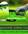 Gloved hand holding 12V Cordless Hedge Trimmer And Grass Shear, 2 In 1 Electric Handheld Shrubbery Trimmer with ergonomic safety lock.