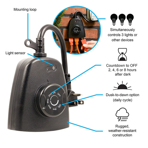 Straight Up Slick Outdoor Light Timer With Photocell Dusk To Dawn Sensor And Triple Grounded Outlet For Garden Decor Countdown Control No Sweat Setup, featuring light sensor and rugged design.