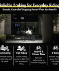 Person riding bike with info on braking benefits for commuting, trail riding, and e-bikes featuring Performance Semi Metallic 4 Piston Bicycle Brake Pads Set For All 4 Piston Calipers With Caliper Spring Included One Pair Built For Tough Trails And Beefed Up Downhill Rides