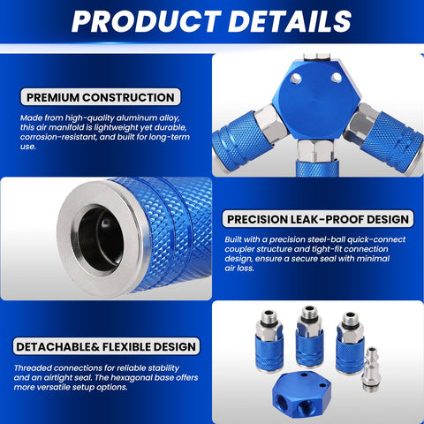 Blue 3 Way 1/4 Inch NPT Air Compressor Manifold with Quick Connect Fittings and Three Couplers