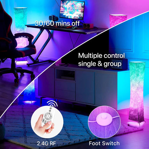 Slender 39 Inch Floor Lamp With Remote Control, RGB Color Changing LED Lights in gaming room setting, gradient shades, remote shown