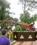Workers using crane near trees with Top Notch Heavy Duty Debris Containment Barrier For Tree Work 4 Panel Safety Barricade in front