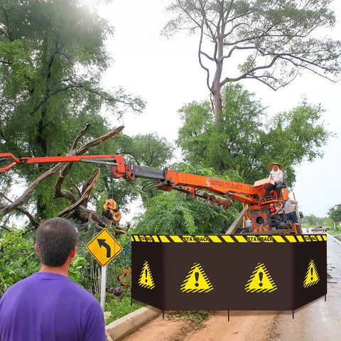 Workers using crane near trees with Top Notch Heavy Duty Debris Containment Barrier For Tree Work 4 Panel Safety Barricade in front
