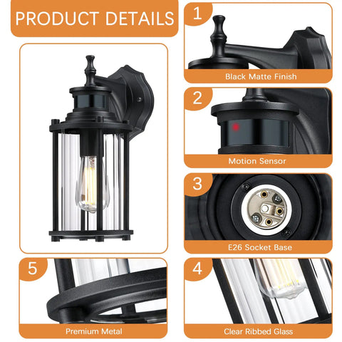 Motion Sensor Outdoor Wall Lights 12.5 Inch Dusk To Dawn Waterproof Matte Black Sconce With Ribbed Glass Shade and E26 Socket