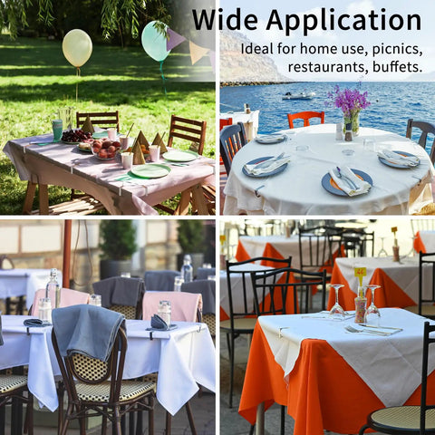Rustproof Stainless Steel Tablecloth Clips 12 Pack For Outdoor Picnics And Parties, Secure Clamps For Tables At Weddings, Restaurants, And Home Use, Ideal For Catering Buffets And Backyard Dinners shown on various table setups.