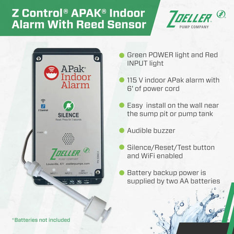 Indoor High Water Alarm System With Reed Sensor, Loud 80 DB Buzzer And Bright Red Visual Alert, Sends Text Email Or Push Notifications Via Z Control App, Monitors Basements Sump Pits Pump Rooms And Holding Tanks, 115 Volt With Battery Backup. Wall-mounted unit with sensor.