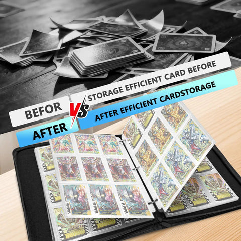 Comparison of scattered cards vs organized cards in 900-Card Capacity Top Loader Binder For 3x4 Cards, 9-Pocket Pages, Side Loading.