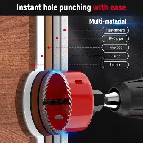 Eight Size Hole Saw Kit in a durable case with arbors drill bits and hex key for soft wood plywood PVC and plastic in action