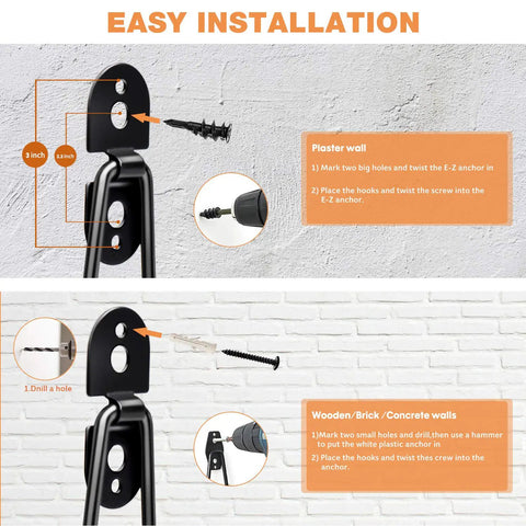 Ultra Heavy Duty 11 Inch Garage Hooks Wall Mount Storage Hangers displayed with installation instructions for plaster and brick walls.