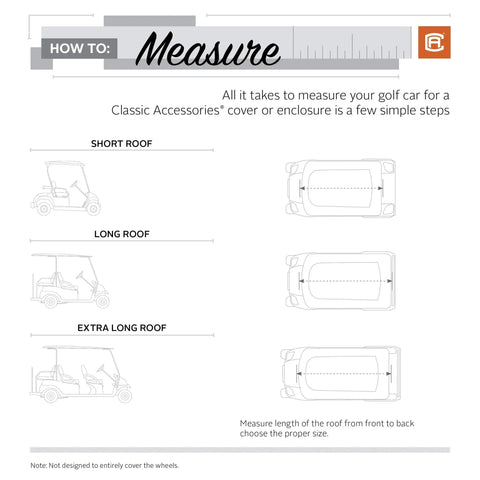 Instructions to measure golf cart roof for Fairway Long Roof 4-Person Golf Cart Enclosure For Travel With Weatherproof Fabric.