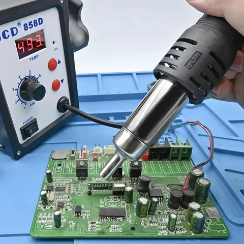 858D Plus Hot Air Desoldering Station with LCD Display in use on PCB SMD rework, showing 750W fast heating and precise control.