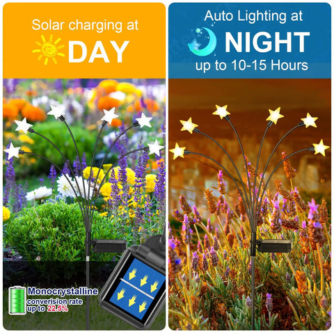 Two Pack Solar Firefly Lights For Garden Upgraded Swaying Iron Wire Outdoor Decor with stars in day and night settings