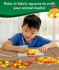 Child creating a mask with Poke In Art Animal Masks Craft Kit with 800 plus fabric squares and 6 foam masks for ages 4-9.