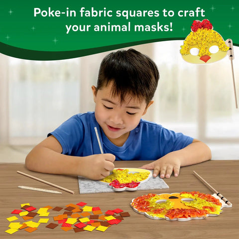 Child creating a mask with Poke In Art Animal Masks Craft Kit with 800 plus fabric squares and 6 foam masks for ages 4-9.
