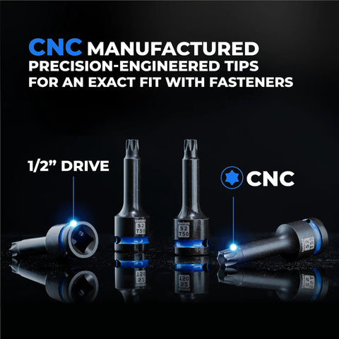 Top Shelf 1/2 Inch Drive T50 Torx Impact Sockets 2 Piece Set Built From Heavy Duty S2 Alloy Steel, precision-engineered for fastener fit.