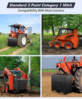 Three Point Hitch Ballast Box With 800 Lb Capacity And 2 Inch Quick Hitch Receiver on various tractors and skid steers