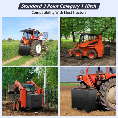 Three Point Hitch Ballast Box With 800 Lb Capacity And 2 Inch Quick Hitch Receiver on various tractors and skid steers