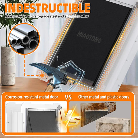 Tough Grade Aluminum Wall Mount Dog Door For Extra Large Dogs And Working Breeds Up To Two Hundred Twenty Pounds Featuring Cozy Flap and Nifty Sliding Lock Panel For Brick Homes, showing durability comparison.