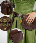 Vintage Brown Faux Leather Medieval Belt Pouch Featuring Carved Elven Leaf Details, shown on a green dress with a belt.