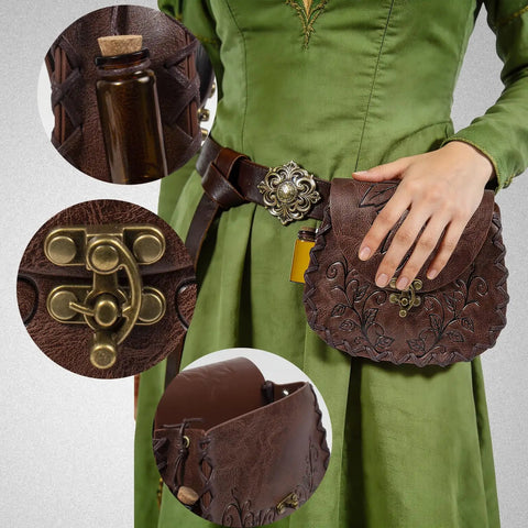 Vintage Brown Faux Leather Medieval Belt Pouch Featuring Carved Elven Leaf Details, shown on a green dress with a belt.