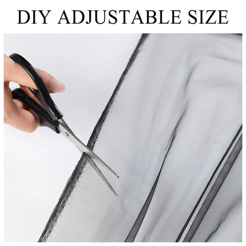 Person cutting Extra Wide Outdoor Curtains Waterproof Black Voile Mesh Screen Bug Netting For Patio Porch Balcony Pergola Terrace
