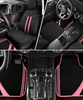 Waterproof Car Seat Covers Full Set With Anti Slip Leather Steering Wheel Cover And Floor Mats Universal Fit For SUVs Vans Trucks Sedans And Cars Women Girls Black And Pink Combo Style shown in vehicle interior with black and pink design.
