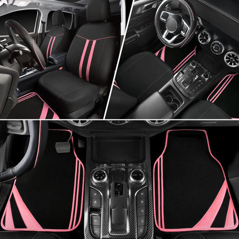 Waterproof Car Seat Covers Full Set With Anti Slip Leather Steering Wheel Cover And Floor Mats Universal Fit For SUVs Vans Trucks Sedans And Cars Women Girls Black And Pink Combo Style shown in vehicle interior with black and pink design.