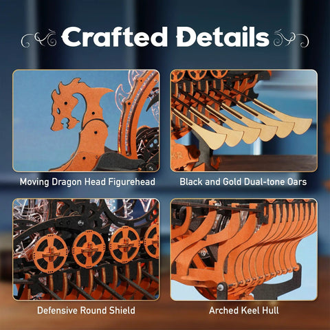 Viking Dragon Ship 3D Wooden Puzzle For Adults With LED Lights And Flywheel 12 Auto Paddles 3 Hour Build Model Kit Gift For Men And Boys Dope Desk Decor Brain Teaser For Home Office Man Cave close-up of dragon head, oars, shield, and hull