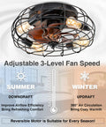 Industrial Black 20 Inch Caged Ceiling Fan With Light, adjustable fan speed, flush mount, reversible motor, no bulb included