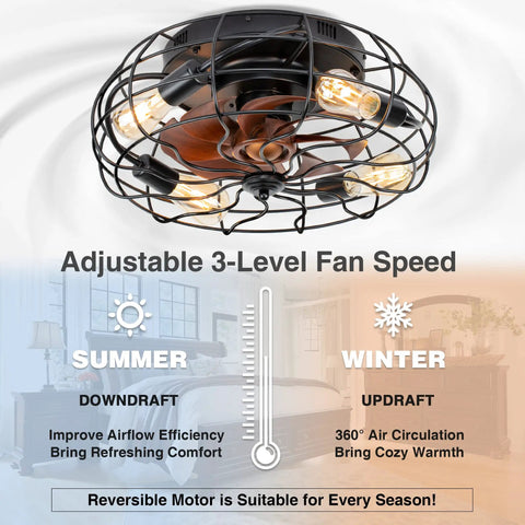 Industrial Black 20 Inch Caged Ceiling Fan With Light, adjustable fan speed, flush mount, reversible motor, no bulb included