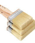 Deck Stain Brush Set 4, 5, And 6 Inch For Smooth Wood Stain Application, brushes stacked showing beige bristles and wooden handles.