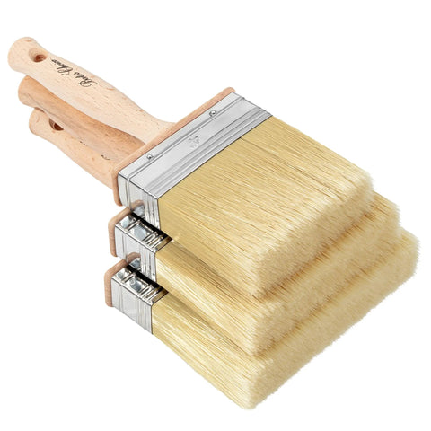 Deck Stain Brush Set 4, 5, And 6 Inch For Smooth Wood Stain Application, brushes stacked showing beige bristles and wooden handles.