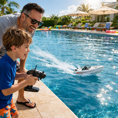 Father and son playing with Jet Propulsion RC Boat With Brushless Motor For Beginners A Mini Yacht Style Remote Control Boat For Kids Waterproof Electric Boat For Pool Lake And River Grey by the poolside