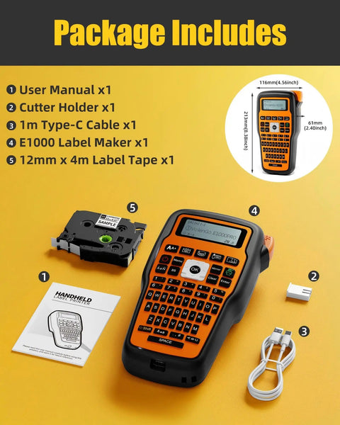 Package contents of the Handheld Labeling Machine With Tape For Industrial Office Use Pro Grade Waterproof Laminated 12Mm Cable Labeler E1000