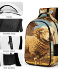 Curly Wool Ram Vintage Printed Unisex Backpack with Large Capacity, Durable Polyester, Breathable Fabric, Smooth Zipper, The Go To Everyday Daypack for School, Travel, and Daily Use; featuring ram print, handle, and side pockets
