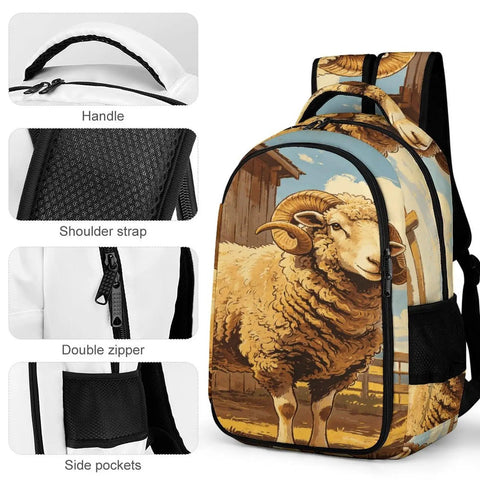 Curly Wool Ram Vintage Printed Unisex Backpack with Large Capacity, Durable Polyester, Breathable Fabric, Smooth Zipper, The Go To Everyday Daypack for School, Travel, and Daily Use; featuring ram print, handle, and side pockets