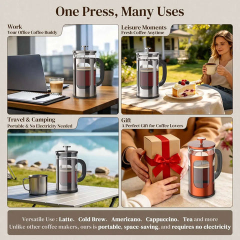 French Press Coffee Maker 34 Ounce Plastic Free Brewing Surface With Thickened Glass And Stainless Steel used in various settings.