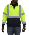 High Visibility 2 Tone Safety Sweatshirt With ANSI Class 3 Compliance Quarter Zip Lime And Navy XL Reflective Tape